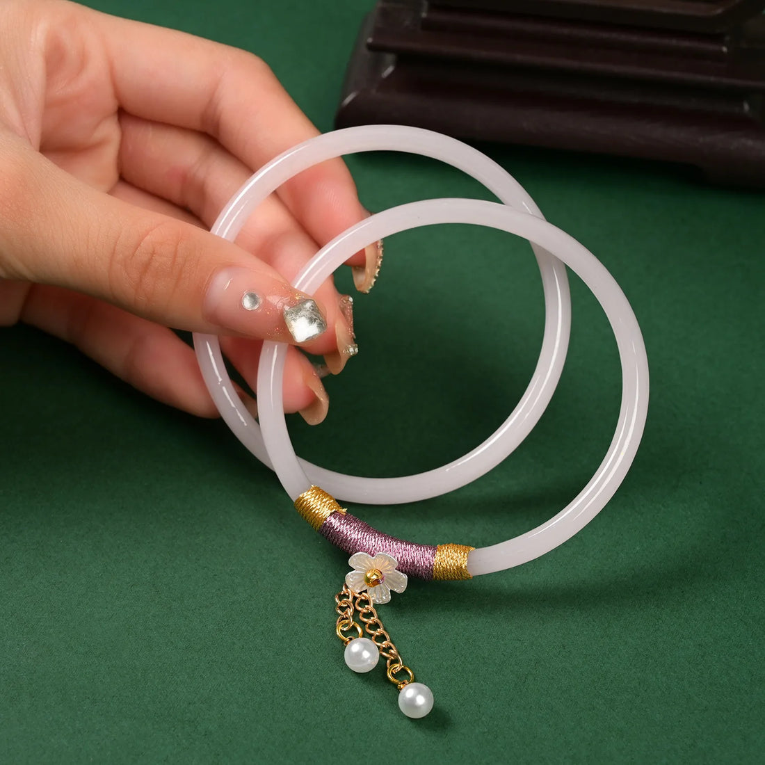 Tinkers Two Piece Set Natural Jade Jingle Bangles Bracelet Women -