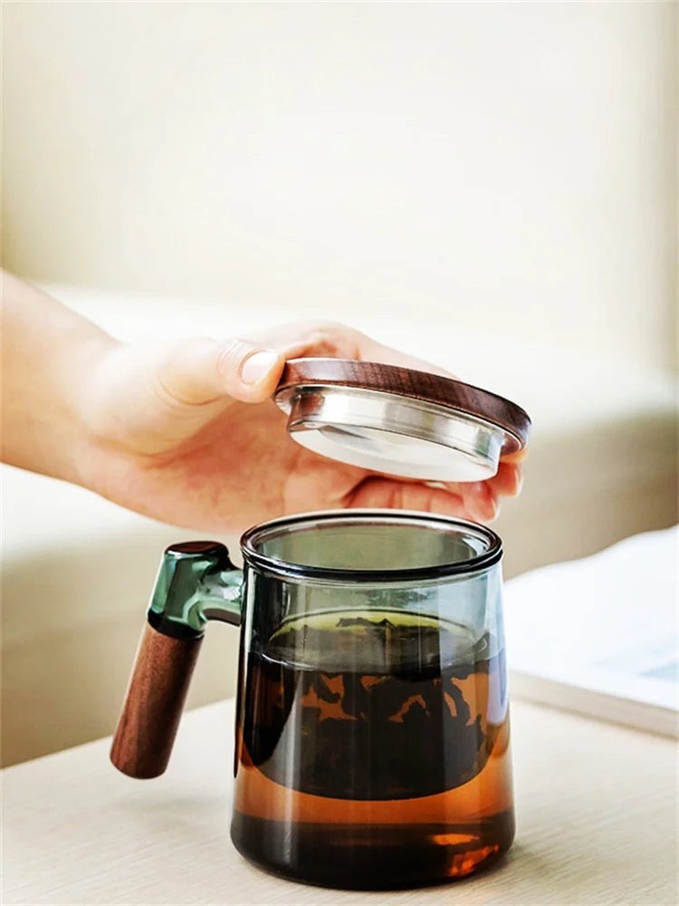 Glass Tea Cup with Walnut Wooden Handle, Lid & Filter — 400ml