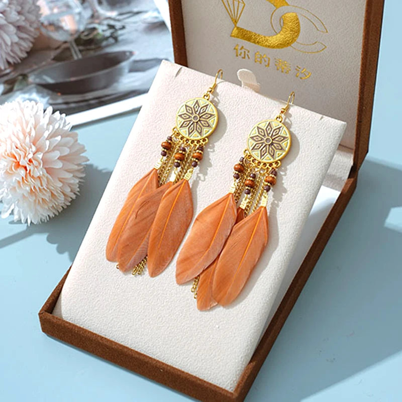 Tinkers Bohemian Brown Feather Earrings For Women Handmade Jewelry -