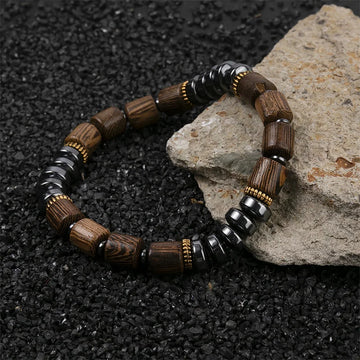 Women's Black Hematite & Wood Bead Bracelet | Handmade Elastic Stretch | Health Jewelry