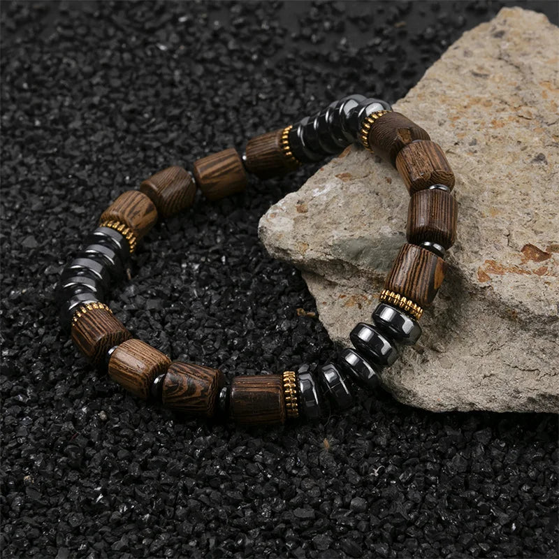 Women's Black Hematite & Wood Bead Bracelet | Handmade Elastic Stretch | Health Jewelry
