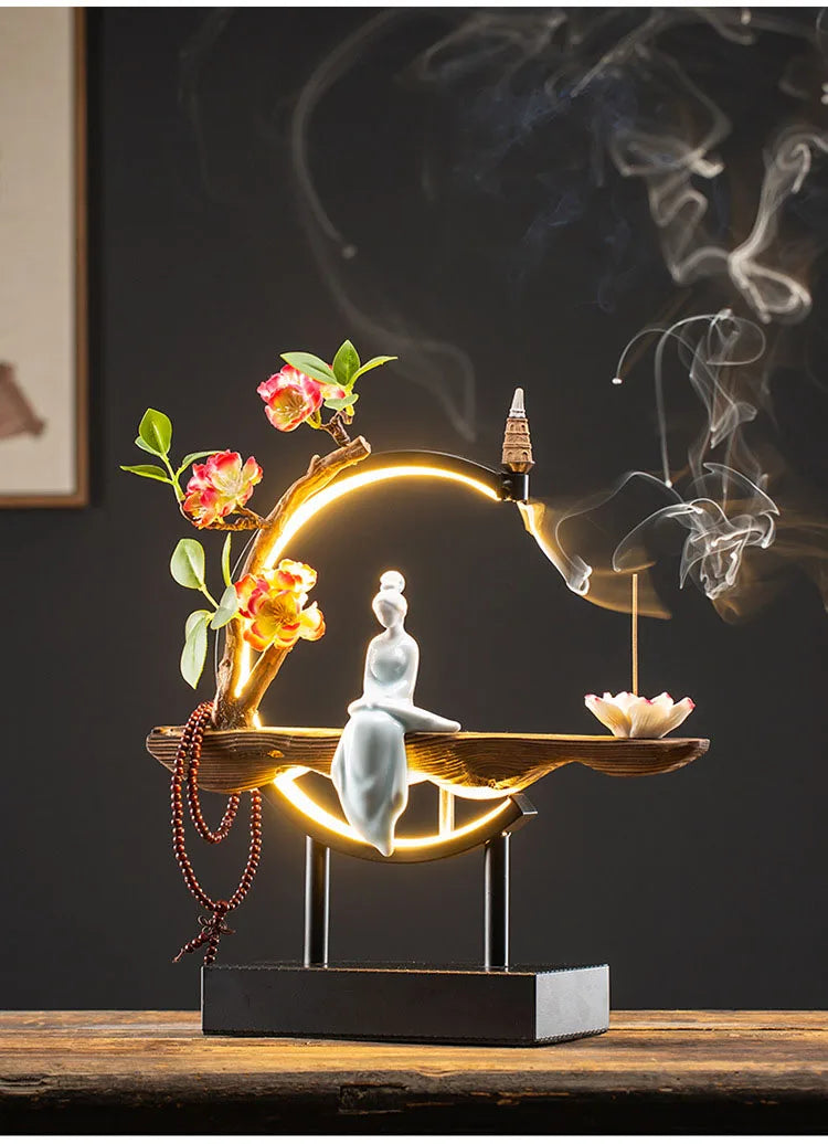 Tinkers Chinese Style Backflow Incense Burner LED USB Ceramic Lotus -