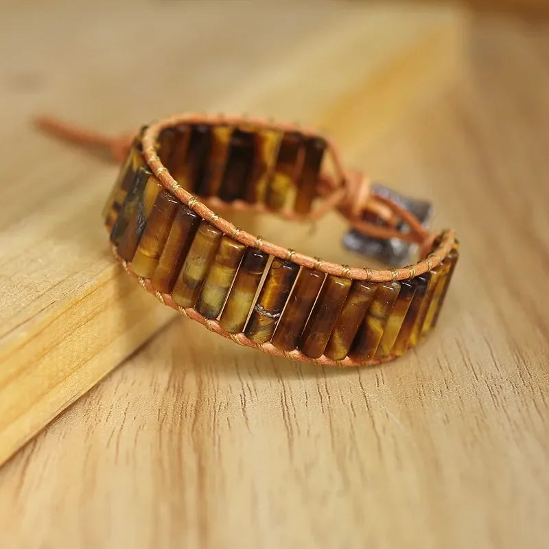 Handmade Boho Leather Wrap Bracelet with Natural Picasso Stone