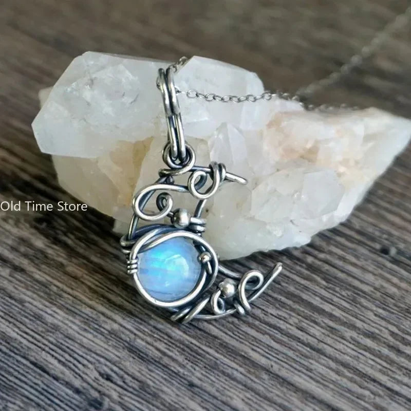 Moonstone Crescent Necklace Vintage Boho Jewelry For Women