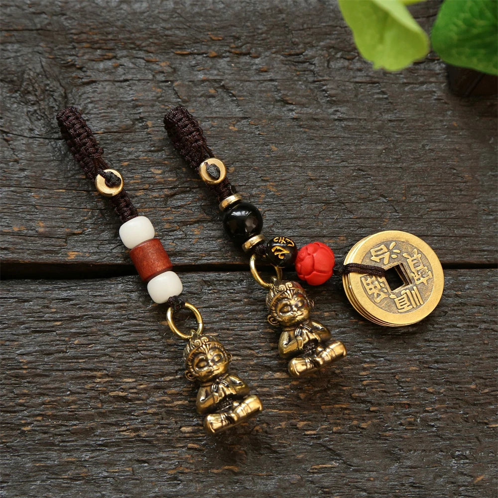 Tinkers Vintage Brass Monkey Keychain Handmade Braided Rope Amulet -