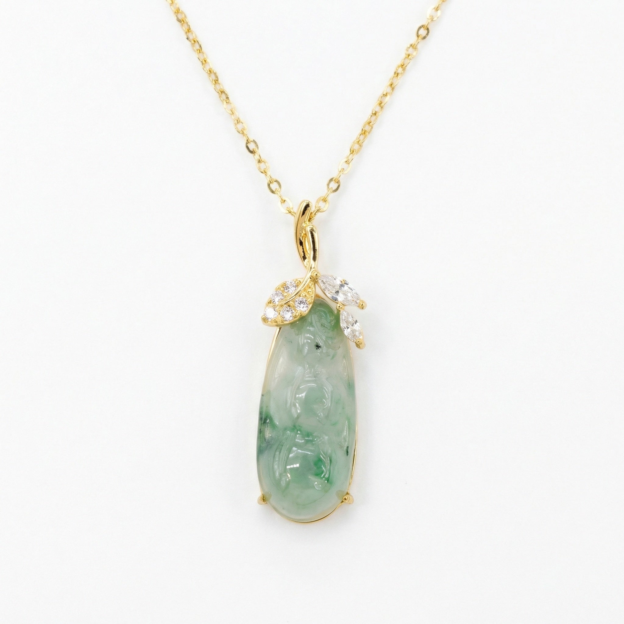 Green Jadeite Carved Pendant Necklace – 925 Sterling Silver with Sparkling Leaf Accents