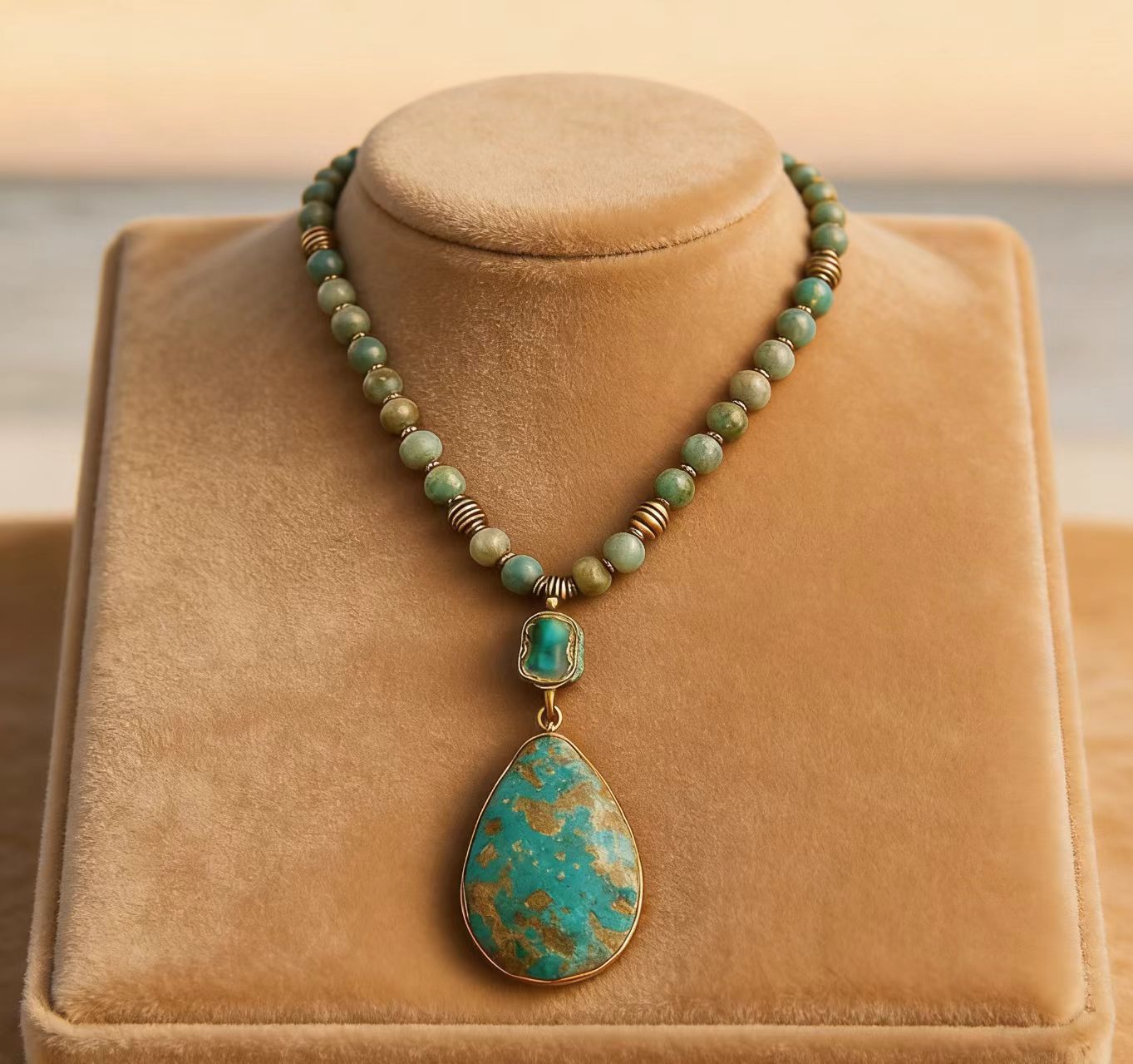 Natural Stone Geometric Necklace | Vintage Beaded Celestial Pendant