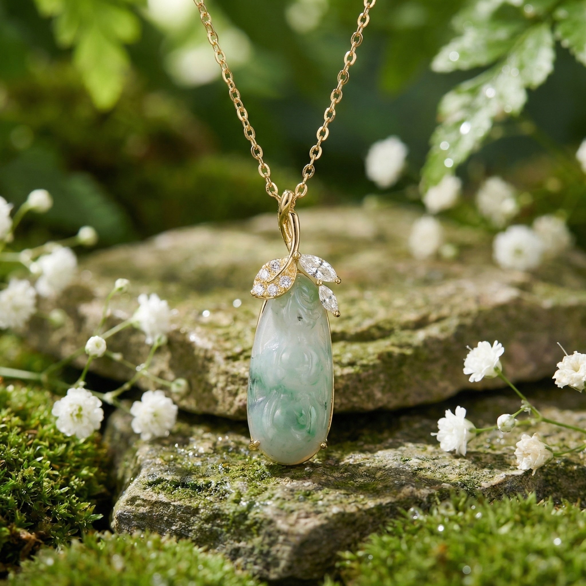 Green Jadeite Carved Pendant Necklace – 925 Sterling Silver with Sparkling Leaf Accents