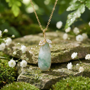 Green Jadeite Carved Pendant Necklace – 925 Sterling Silver with Sparkling Leaf Accents