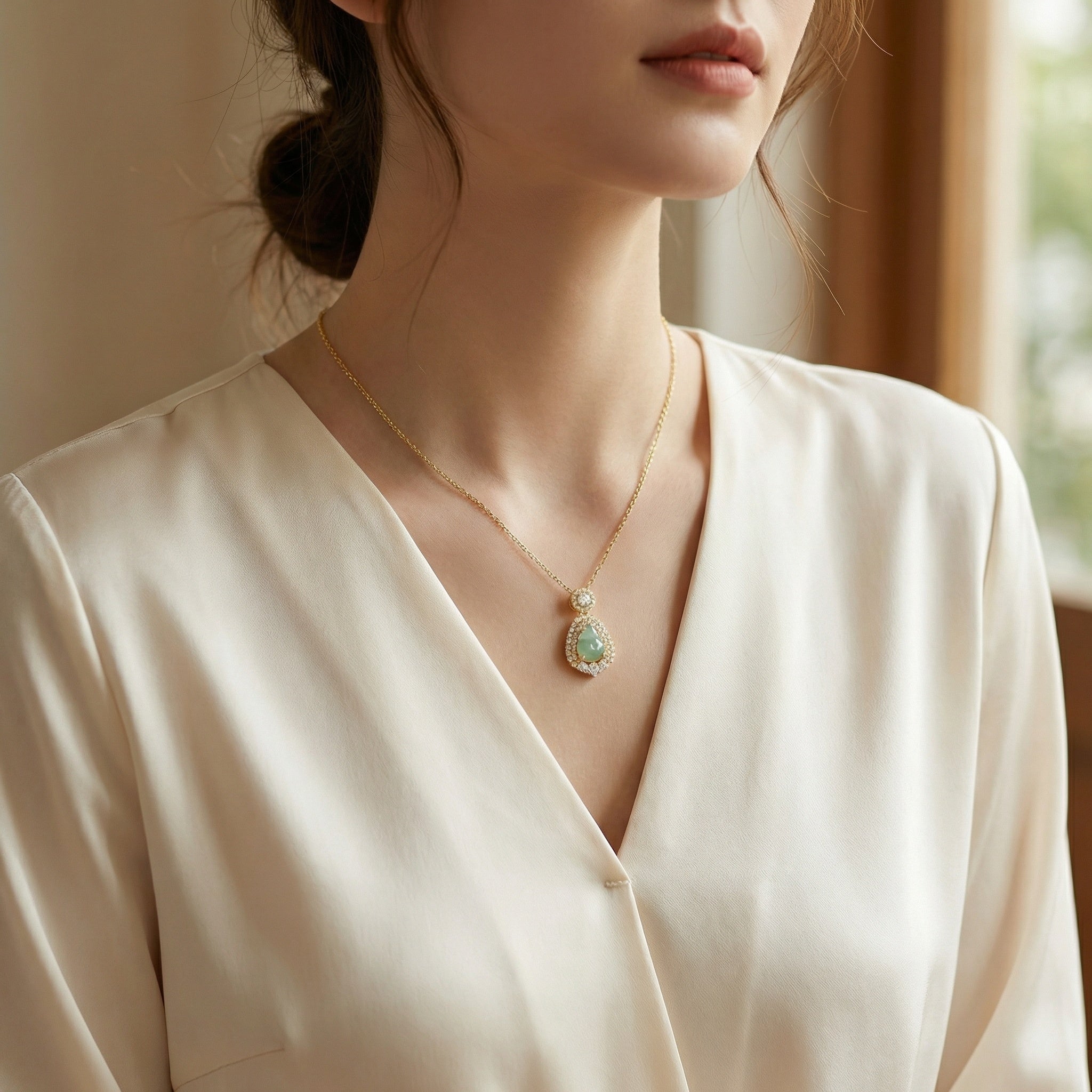 Green Jadeite Gourd Pendant Necklace | 925 Sterling Silver & Crystal Halo