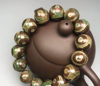 Green Three Eye Agate Tibet Beads Mens Bracelet 14mm