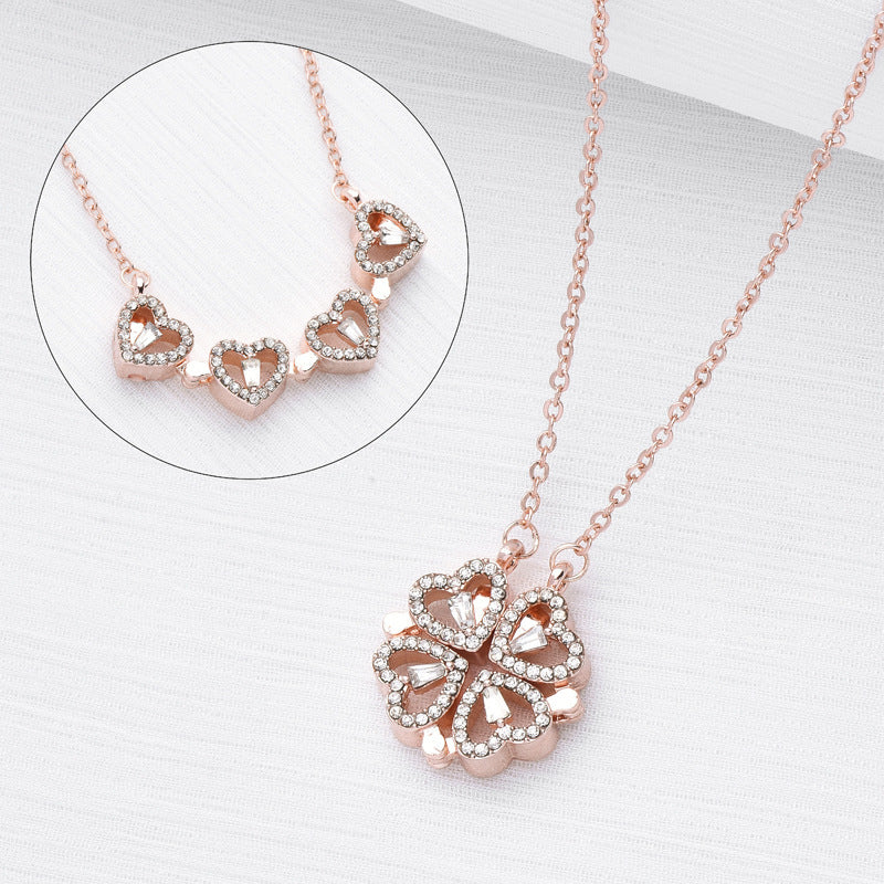 Retro Magnetic Folding Four Leaf Clover Pendant Necklace