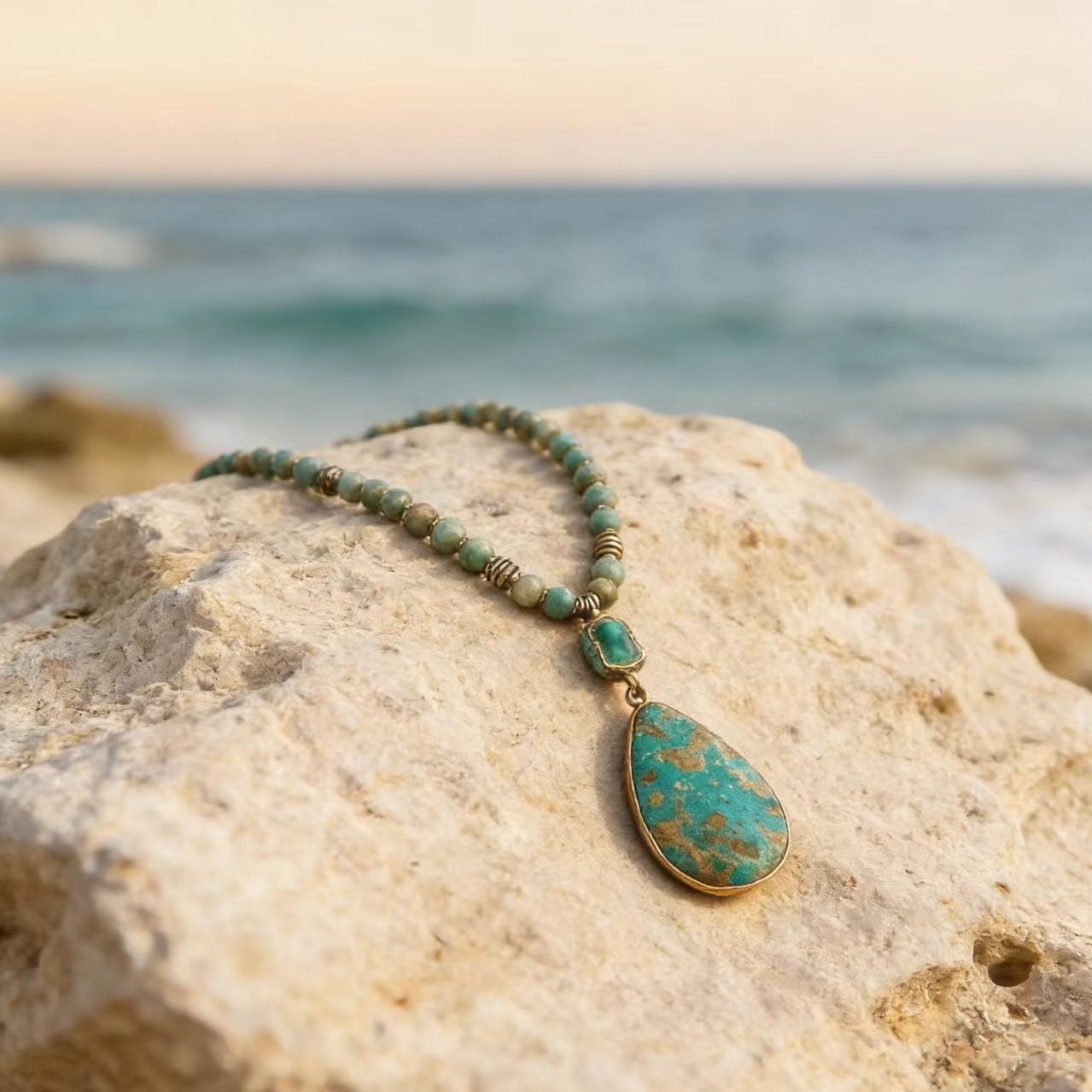 Natural Stone Geometric Necklace | Vintage Beaded Celestial Pendant