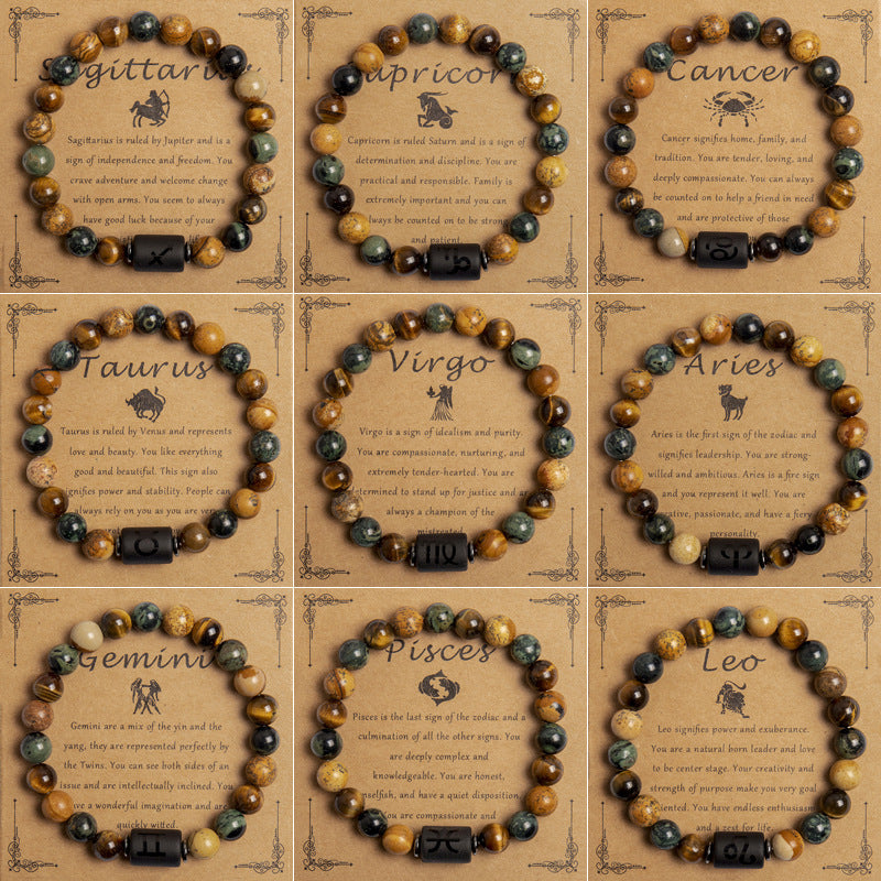 Tinkers Tigereye Beaded Bracelet Twelve Constellation Zodiac Cards - 0