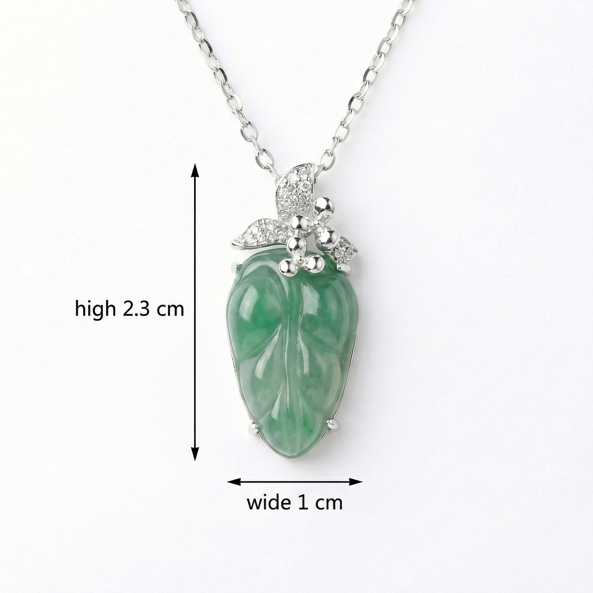 Green Jade Leaf Pendant Necklace | 925 Sterling Silver & Crystal Accents