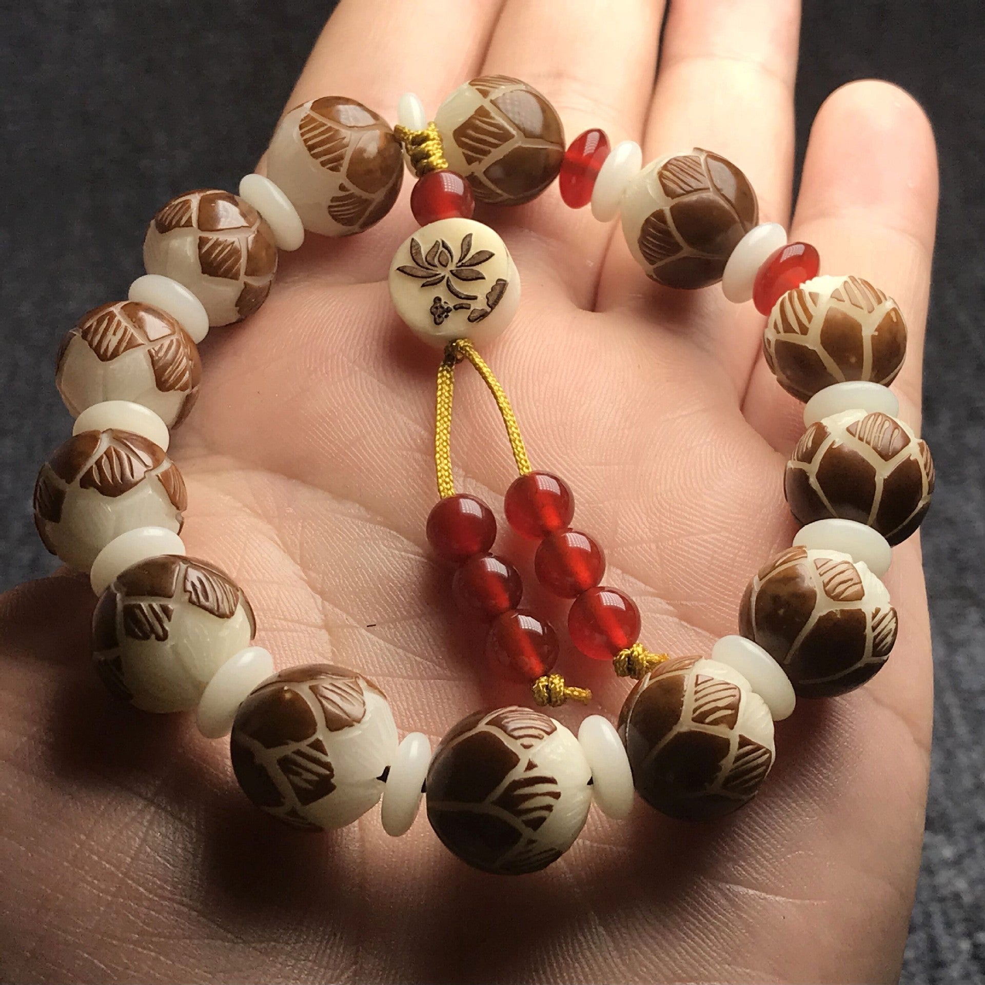 White Jade Bodhi Root Lotus Carved Bracelet Unisex Tai Chi
