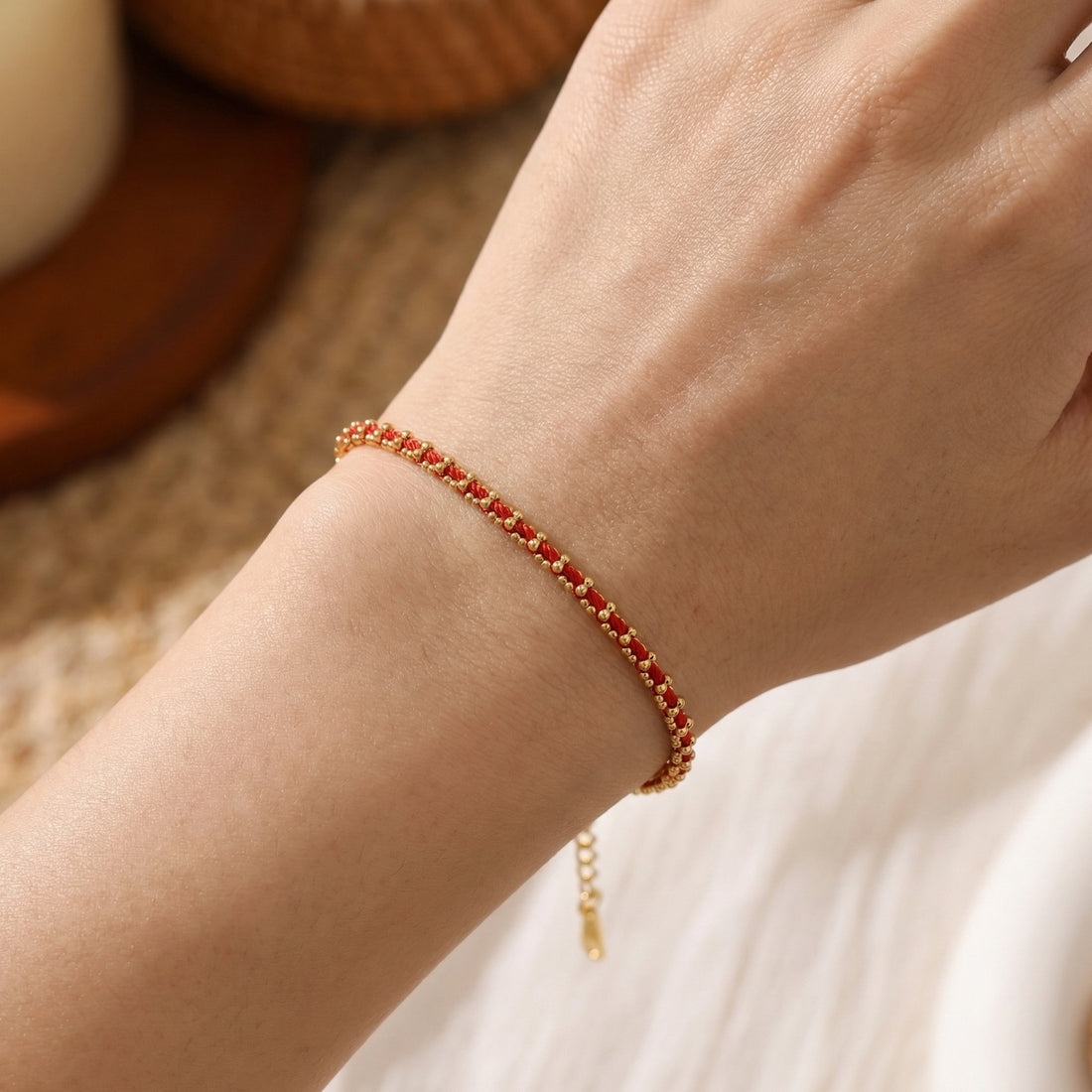 925 Sterling Silver Elegant Red Braided Cord Bracelet Featuring Glistening Metallic Beads and Adjustable Clasp for Women