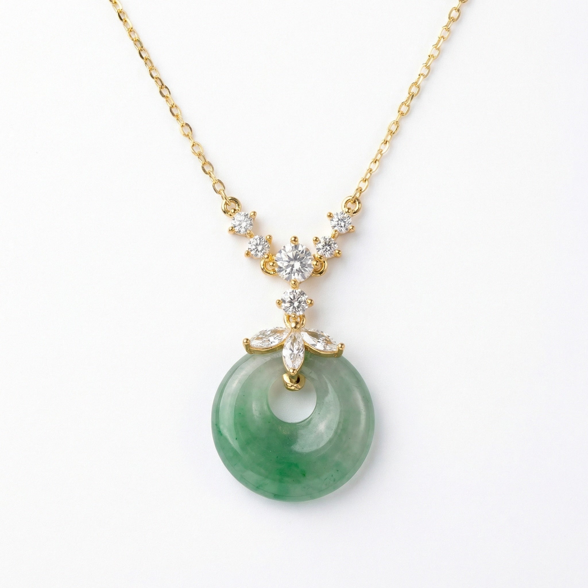 Green Jade Donut Pendant Necklace | 925 Sterling Silver & Crystal Floral Crown
