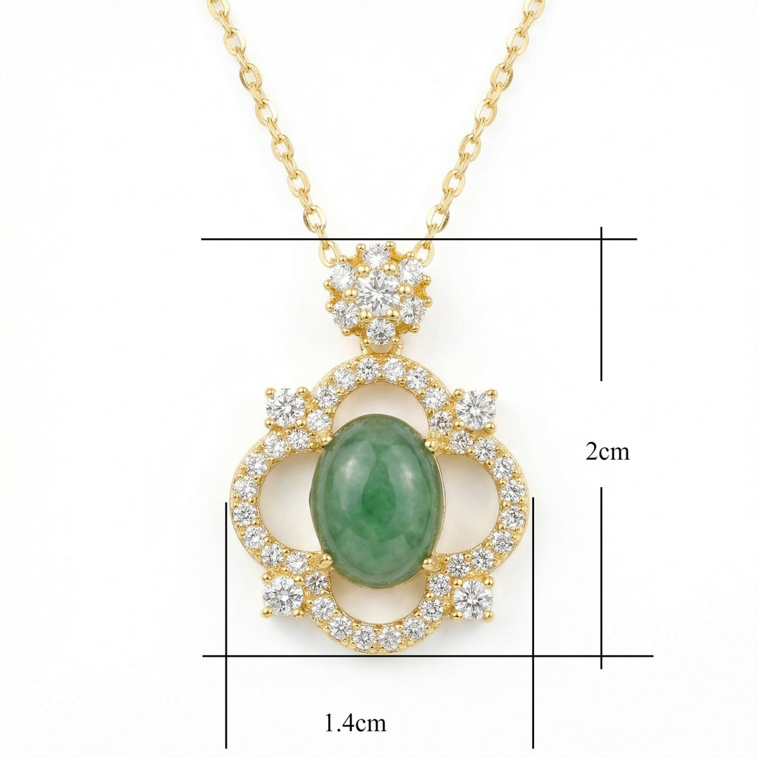 925 Sterling Silver Ornate Green Jade Cabochon Pendant with Brilliant Diamond Halo on a Classic Chain