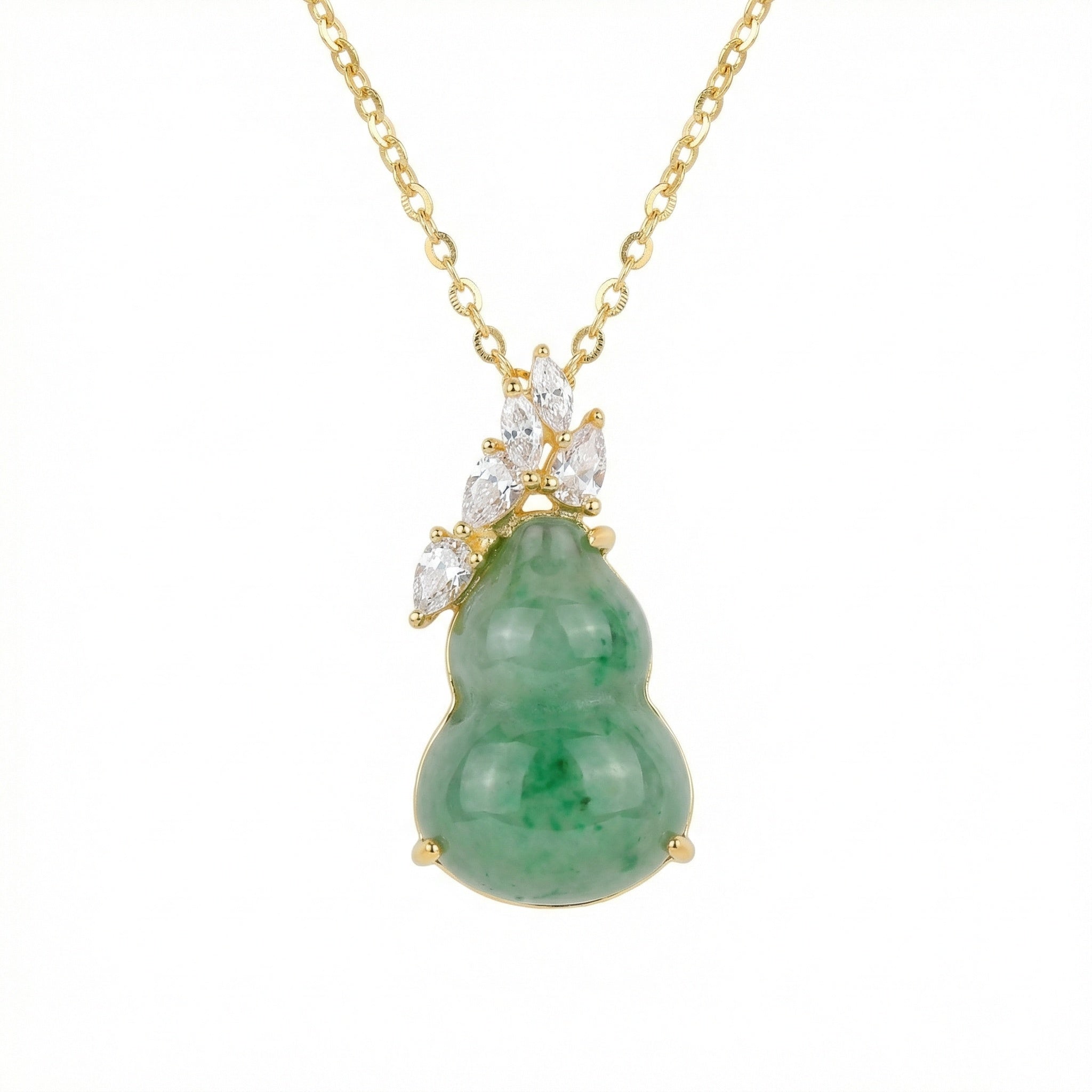 Green Jadeite Hulu Pendant Necklace — 925 Sterling Silver | Marquise Accents