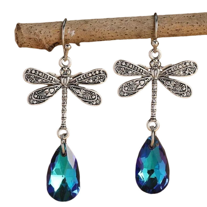 Dark Night Engraved Dragonfly Sapphire Water Drop Earrings