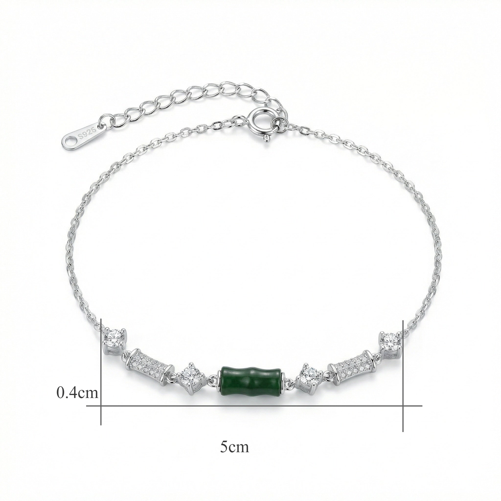 Green Bamboo Bead Bracelet | 925 Sterling Silver & Cubic Zirconia