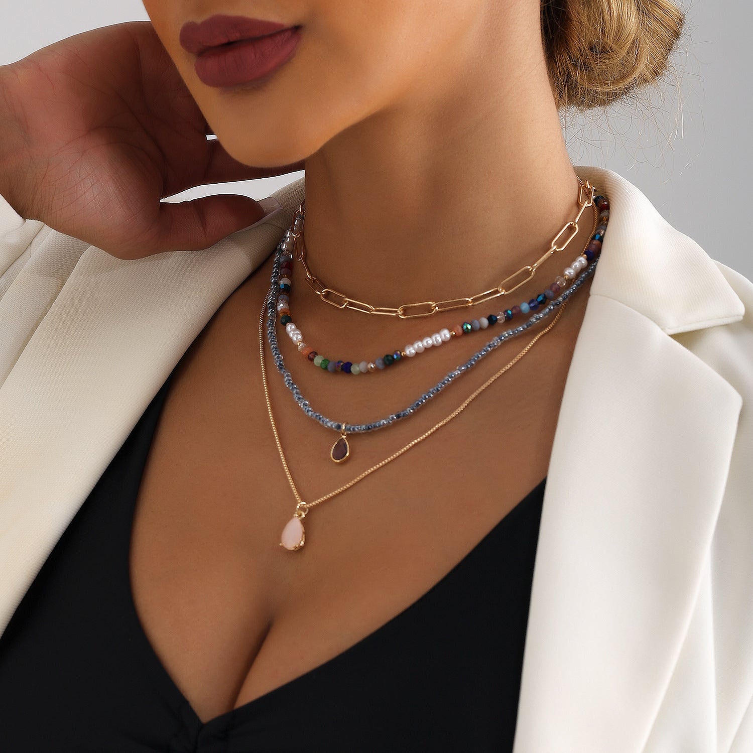 Bohemian Contrast Color Rice Shaped Beads Layered Necklace