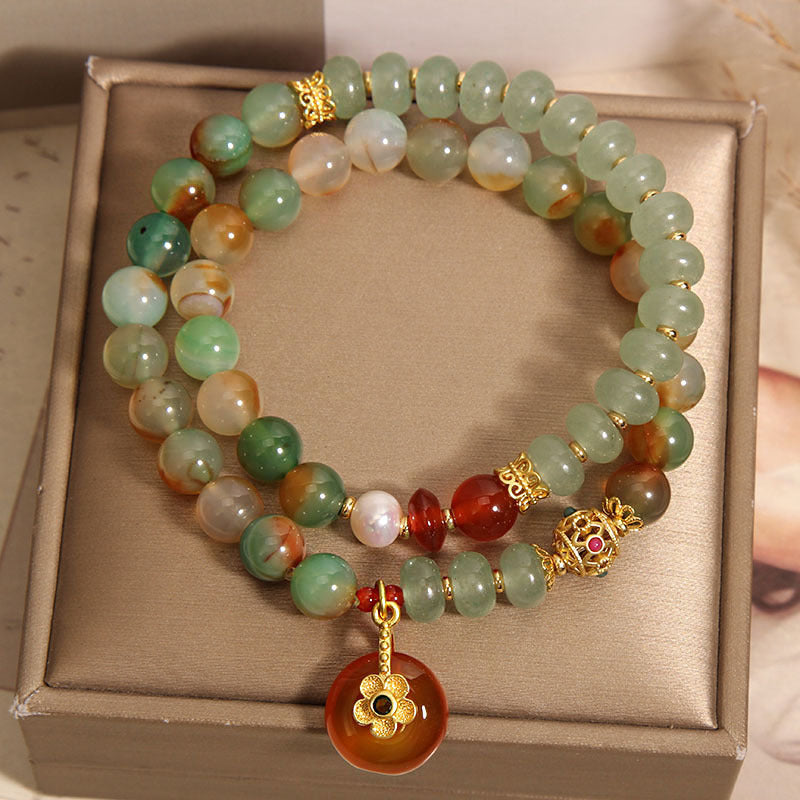 Peacock Green Agate Double Ring Bracelet For Women