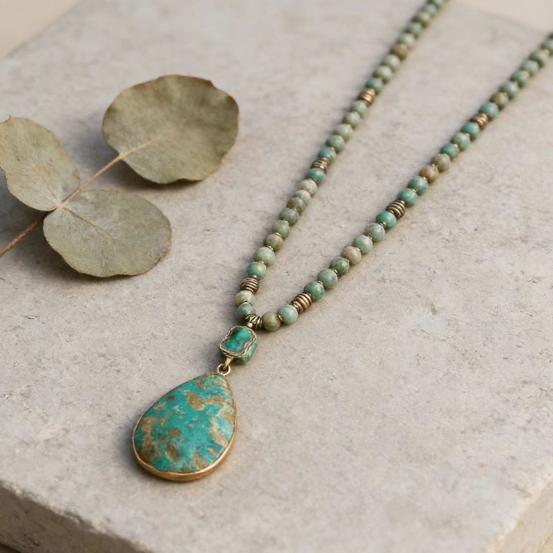 Natural Stone Geometric Necklace | Vintage Beaded Celestial Pendant