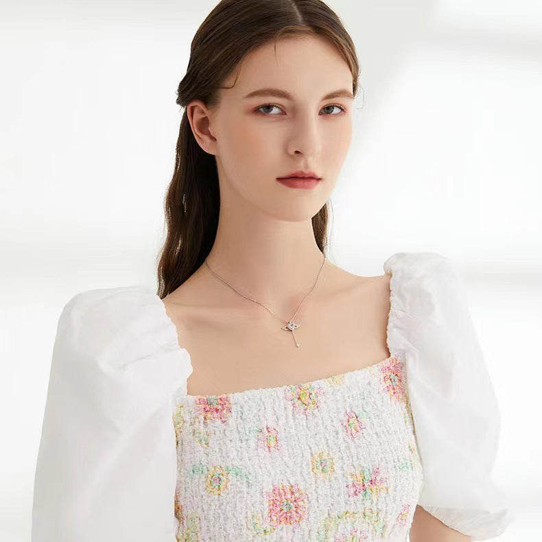 Moving Cupid Heart Angel Wings Tassel Necklace With Crystal