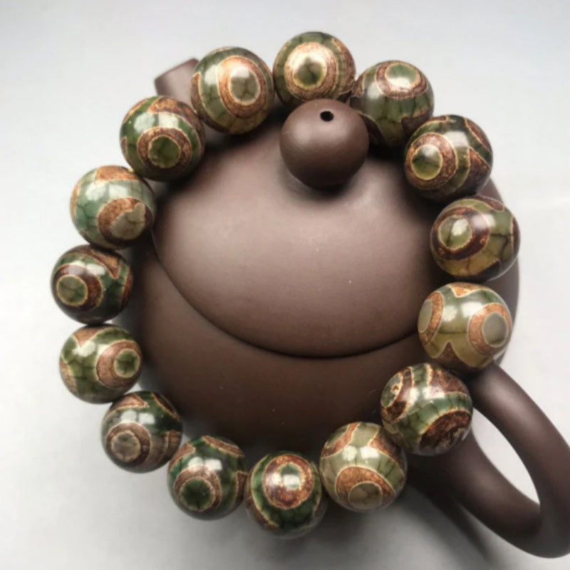 Green Three Eye Agate Tibet Beads Mens Bracelet 14mm