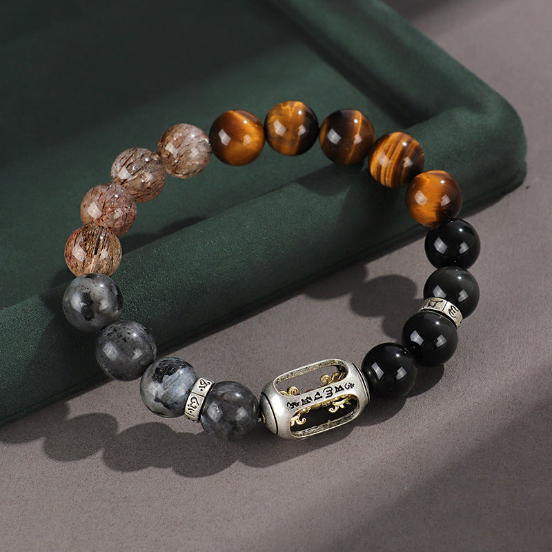 925 Silver Hoop Mantra Tiger Eyes Bracelet Unisex Wukong