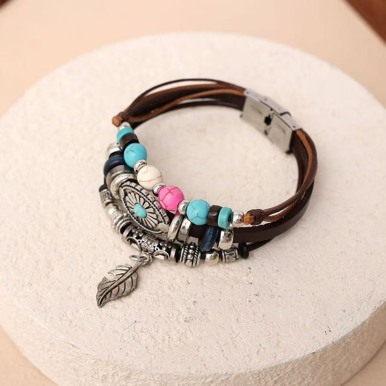 Turquoise Leaf Leather Bracelet by Tinkers - Calming Energy