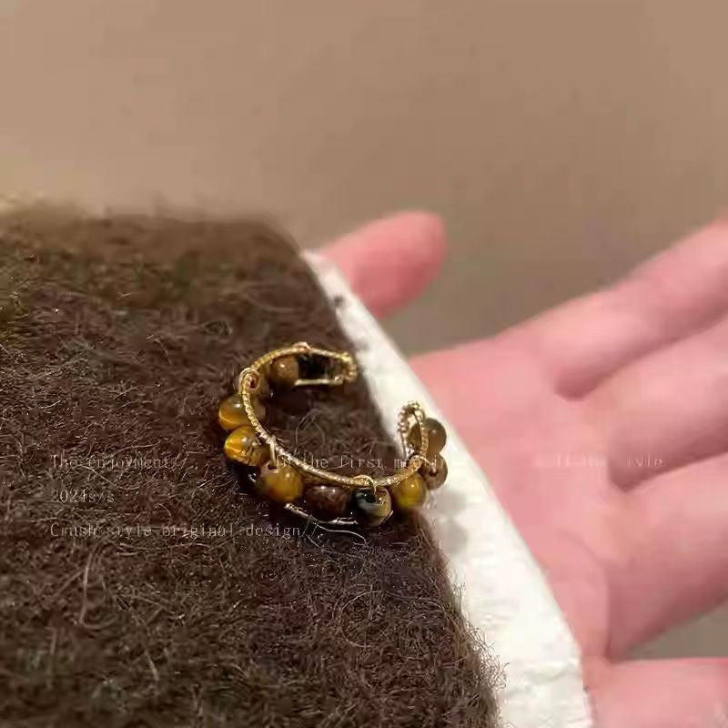 Tiger Eye Open Ring – Gold Plated Boho Statement Band for Women
