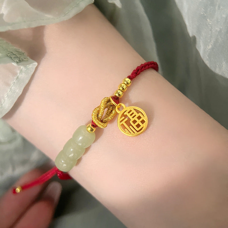 Braccialetto da donna in corda rossa con carta di benedizione in giada oro alluvionale