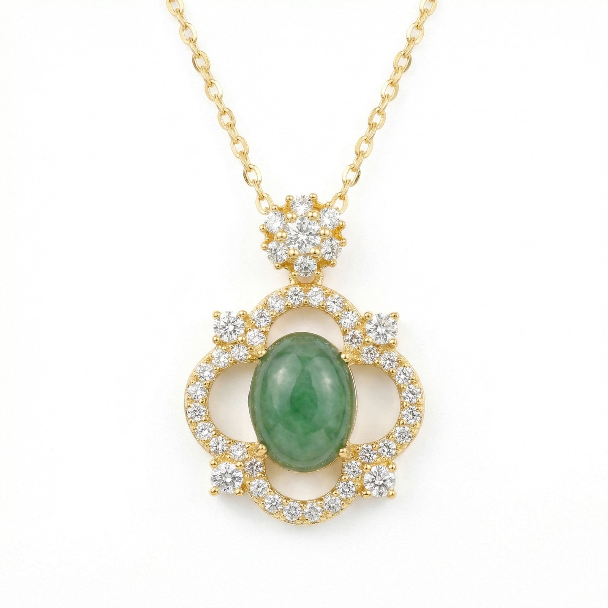 925 Sterling Silver Ornate Green Jade Cabochon Pendant with Brilliant Diamond Halo on a Classic Chain