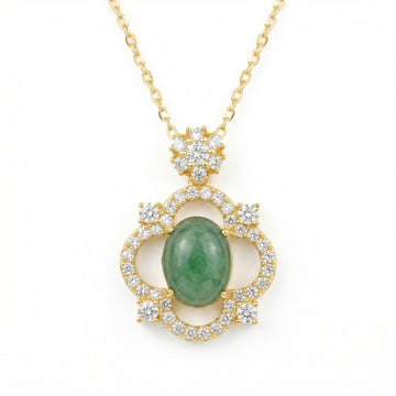 925 Sterling Silver Ornate Green Jade Cabochon Pendant with Brilliant Diamond Halo on a Classic Chain