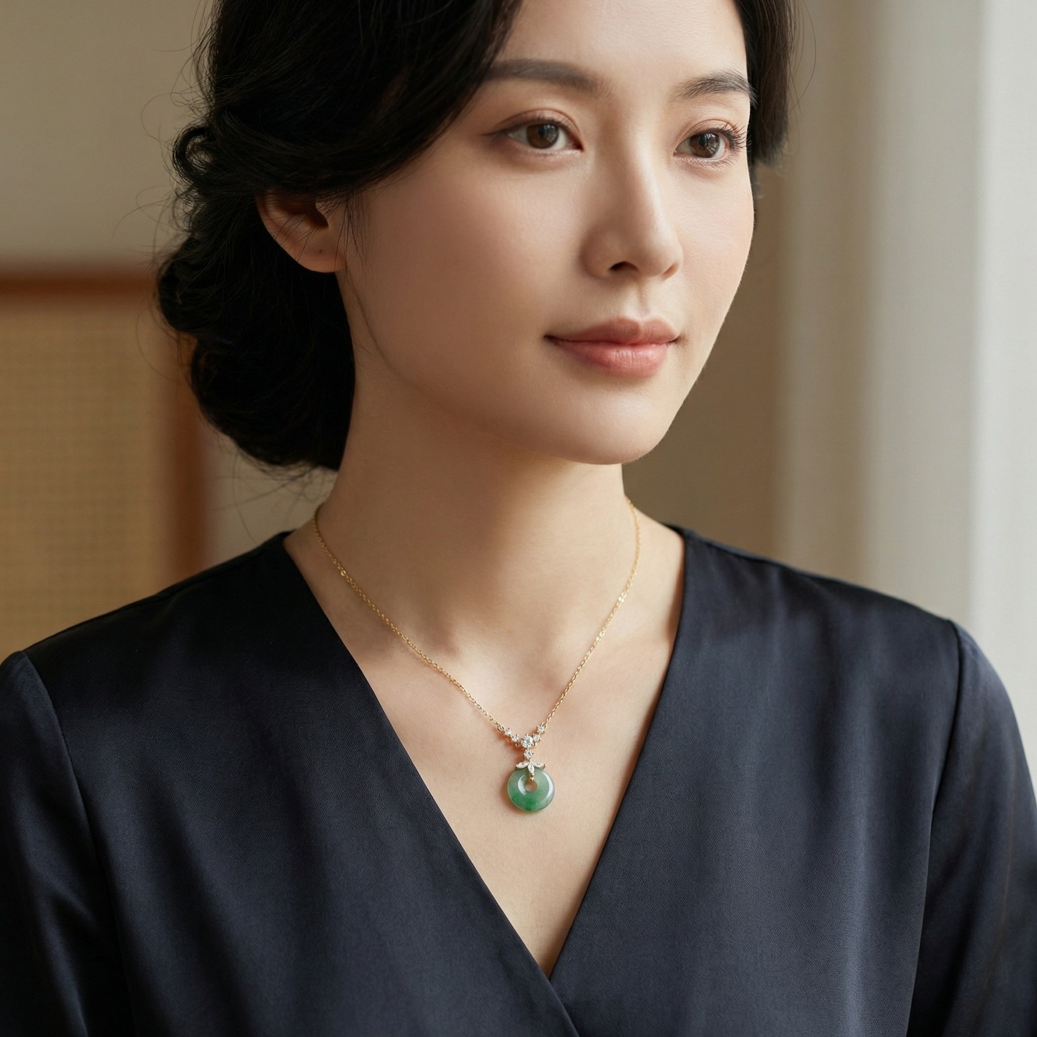Green Jade Donut Pendant Necklace | 925 Sterling Silver & Crystal Floral Crown