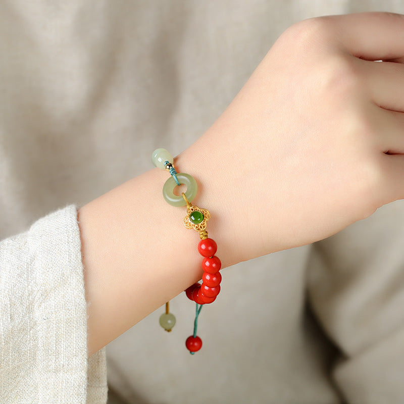 Hetian Gray Jade 8mm Cinnabar Bracelet With Safety Buckle