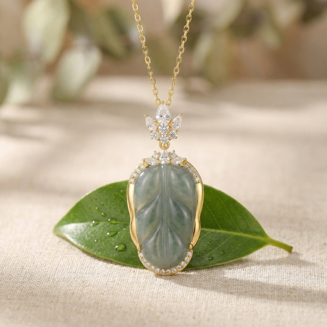 Green Jadeite Leaf Pendant Necklace — 925 Sterling Silver | Gemstone Halo