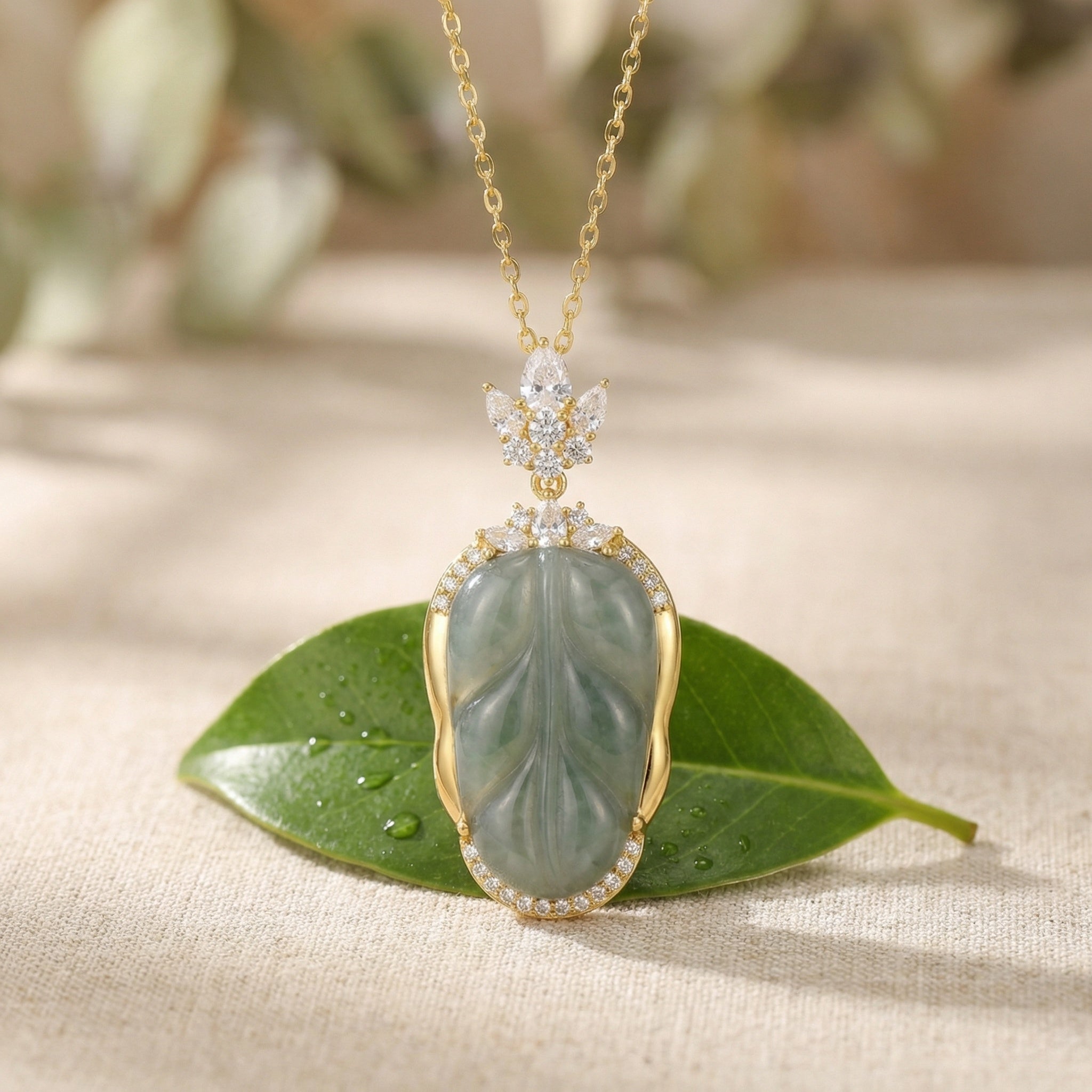 Green Jadeite Leaf Pendant Necklace — 925 Sterling Silver | Gemstone Halo