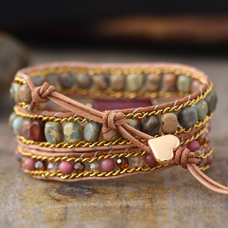 Natural Stone Heart Bracelet – 3-Layer Hand-Woven Leather Friendship Cuff