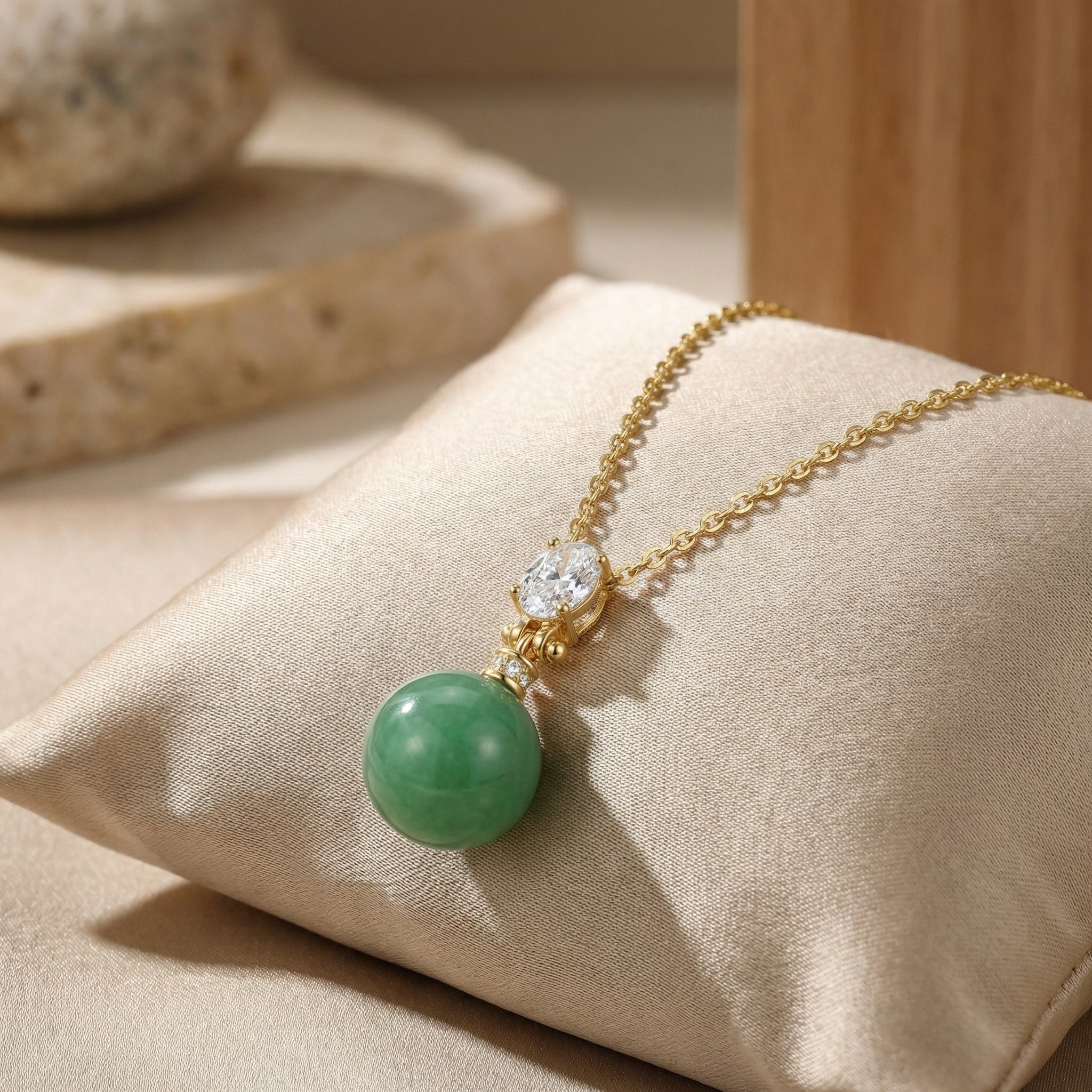 Green Jade Sphere Pendant Necklace — 925 Sterling Silver | Oval Gemstone