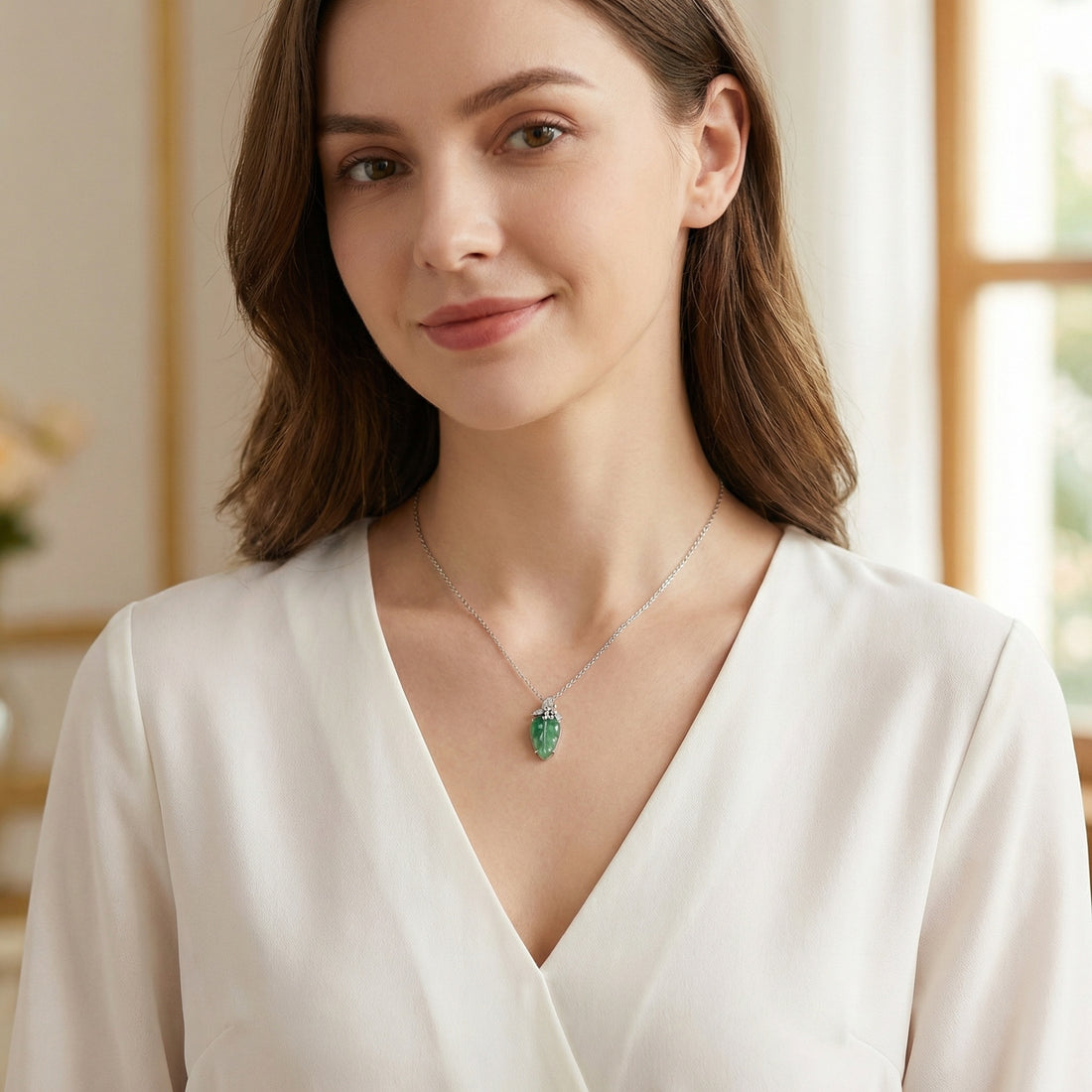 Green Jade Leaf Pendant Necklace | 925 Sterling Silver & Crystal Accents