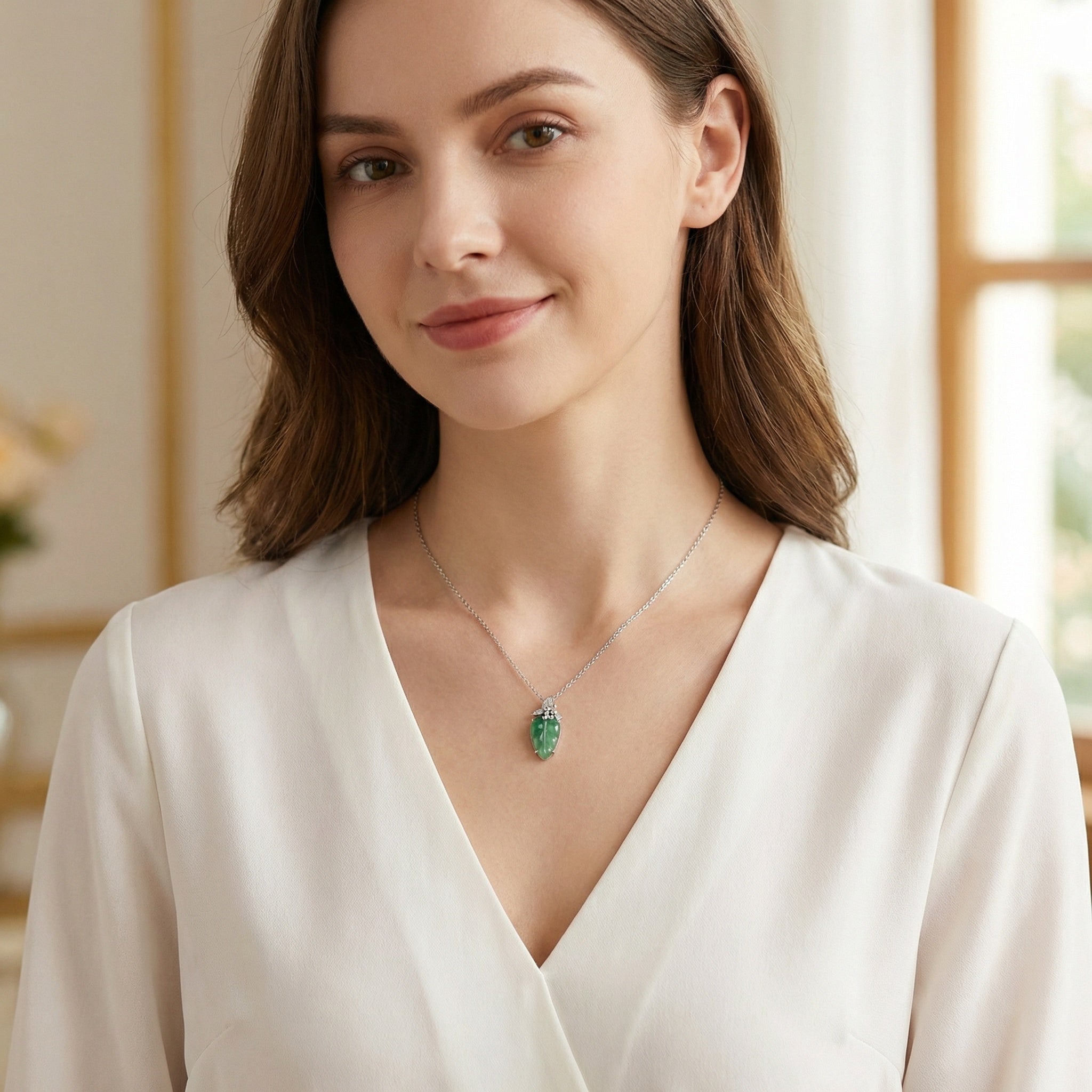 Green Jade Leaf Pendant Necklace | 925 Sterling Silver & Crystal Accents