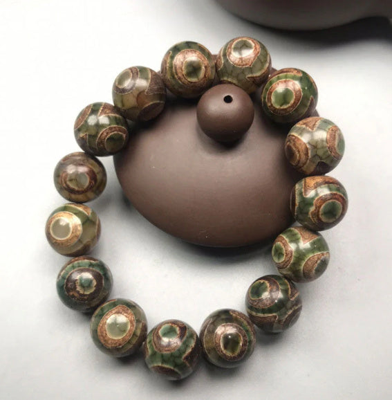 Green Three Eye Agate Tibet Beads Mens Bracelet 14mm