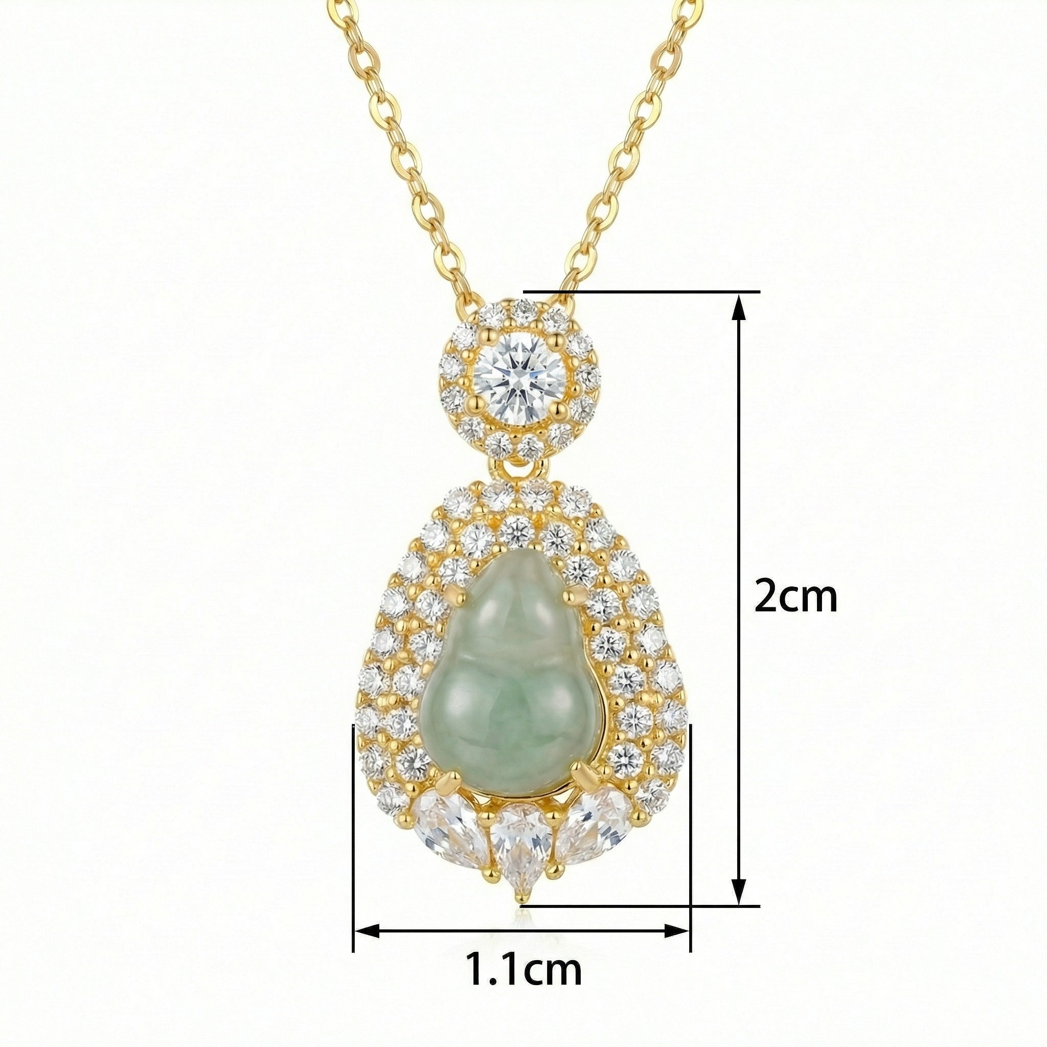 Green Jadeite Gourd Pendant Necklace | 925 Sterling Silver & Crystal Halo