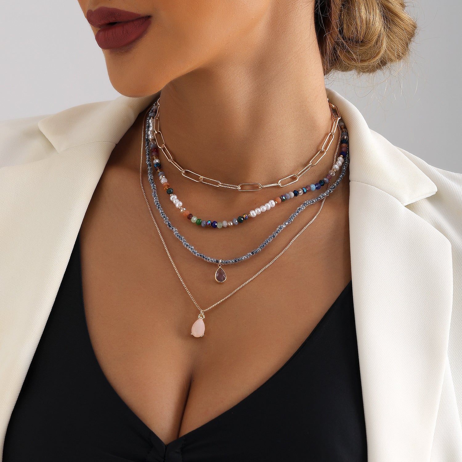 Bohemian Contrast Color Rice Shaped Beads Layered Necklace