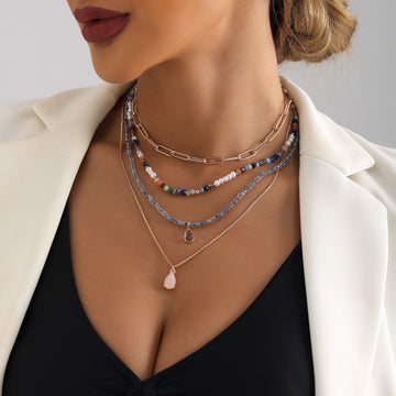 Bohemian Contrast Color Rice Shaped Beads Layered Necklace